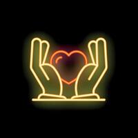 Two hands holding heart shape neon sign with glowing light effect vector