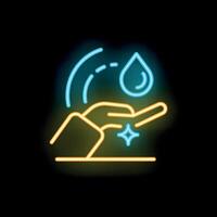Neon icon of hand catching water drop on black background vector