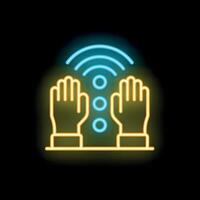 Neon icon of hands receiving wireless signal representing concept of biohacking vector