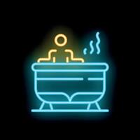 Neon icon of a person enjoying a relaxing soak in a hot tub with steaming water vector