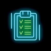 Neon sign clipboard showing completed checklist on black background vector