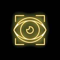 Neon icon of eye scanning system on black brick wall vector