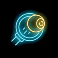 Glowing neon icon of security camera observing with bright eye on black background vector