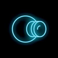 Blue neon camera lens zooming icon on black background vector