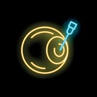 Neon syringe injecting drug into an eyeball icon on black background vector