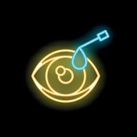 Neon glowing icon of eye drop applying liquid to eye on black background vector