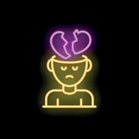 Sad man suffering from broken heart neon sign vector