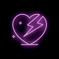 Neon icon of broken heart with lightning bolt representing difficult romantic relationship vector
