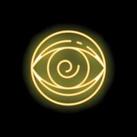 Neon yellow eye symbol glowing on black background vector