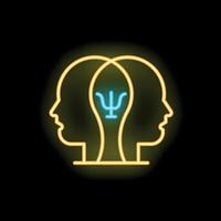 Neon sign showing two human profiles facing each other with psychology symbol psi in the middle vector