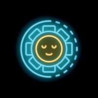 Neon sun shining with closed eyes and smiling mouth on black background vector