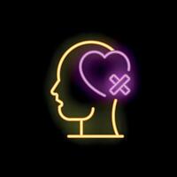 Neon icon of human head with broken heart inside representing heartbreak vector