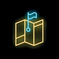 Neon map icon showing folded paper map with location flag vector