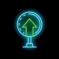 Neon sign showing green up arrow in blue circle on black background vector