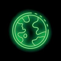 Green neon sign showing planet earth on black background vector