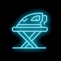 Neon ironing board with iron on black background glowing symbol vector
