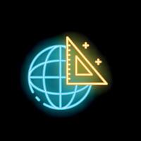 Neon icon of set square and planet earth representing global engineering vector