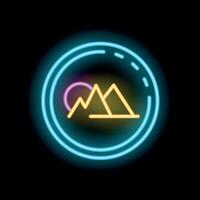 Neon sign depicting mountains and setting sun in circle frame vector
