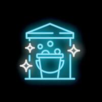 Blue neon sign of bucket with soap suds under awning on black background vector