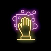 Neon hand washing sign with soap and bubbles on black background vector