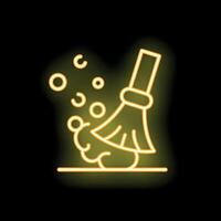 Neon broom sweeping away dust and dirt on black background vector