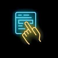 Hand pointing touch screen smartphone neon light style icon vector