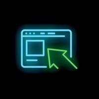 Neon green cursor clicking on blue neon webpage window icon vector