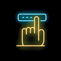 Neon sign of a hand tapping a button on black background vector