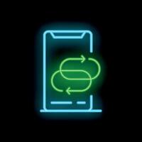 Neon icon of smartphone showing synchronisation process vector