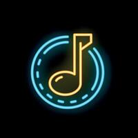Neon sign showing a music note inside a circle on a black background vector