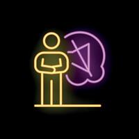 Neon icon of a businessman thinking about a problem and trying to find a solution vector