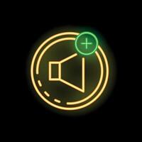 Glowing neon line speaker volume sound icon increasing sound indication symbol on black background bright yellow circle with plus sign inside vector