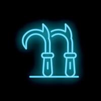 Neon sign of two billhooks glowing on black background vector