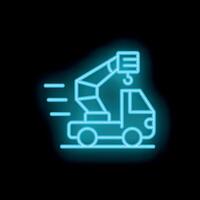 Neon style icon of mobile crane truck moving fast on black background vector