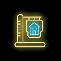 Neon sign representing house project with ruler displaying building process and real estate business vector
