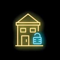 Neon open padlock with glowing house shape background on black background vector