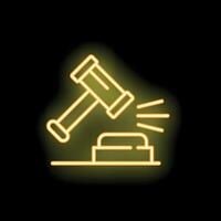 Neon gavel striking down on sound block creating impact vector