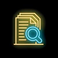 Neon magnifying glass hovering over documents symbolizing search vector