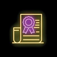 Neon sign depicting a diploma with a ribbon seal on black background vector