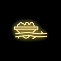 Yellow neon sign of a mining cart full of gold nuggets over ground level on black background vector