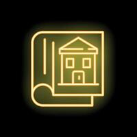 Neon icon of open book with house drawing representing architecture vector
