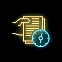 Hand holding documents with clock neon sign on black background vector