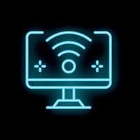Neon computer displaying wifi signal icon on screen vector