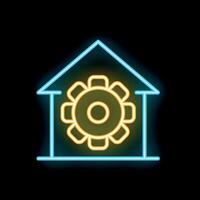 Neon icon of smart home automation system with glowing gear symbol inside house pictogram vector