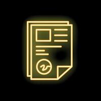 Neon yellow signed document icon glowing on black background vector