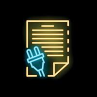Neon icon of electric plug connecting with a document representing electronic signature vector