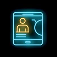 Neon icon of mobile banking app displaying user profile and financial data vector