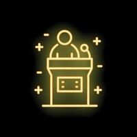 Speaker giving public speech at tribune with microphone neon sign icon vector