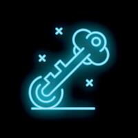Blue neon key icon illustrating concept of solution vector
