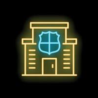 Neon police station building with shield icon on black background vector